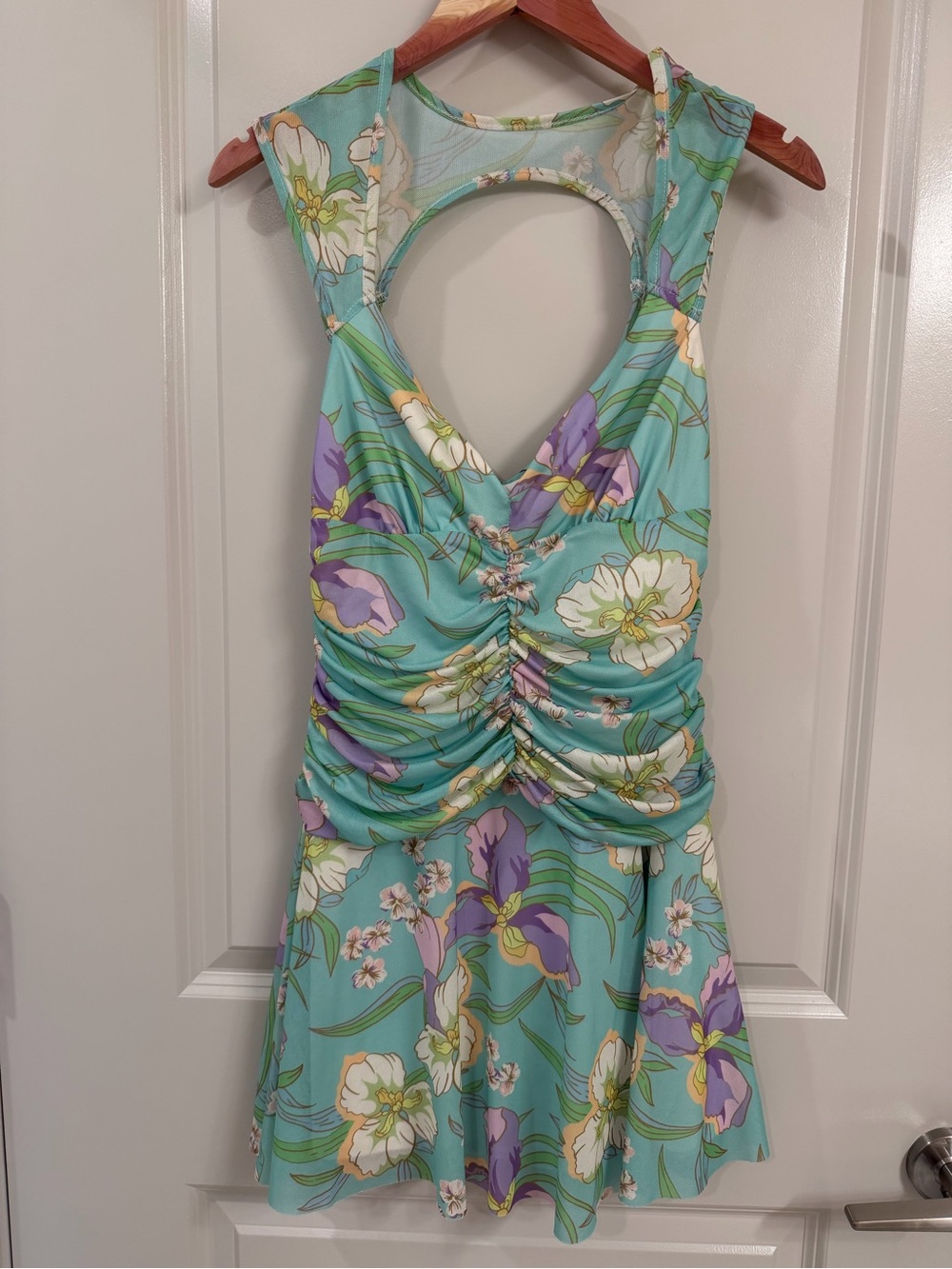 Self Contrast Floral Ruched Keyhole Mini Dress in Aqua SZ S NWT - Picture 2 of 5